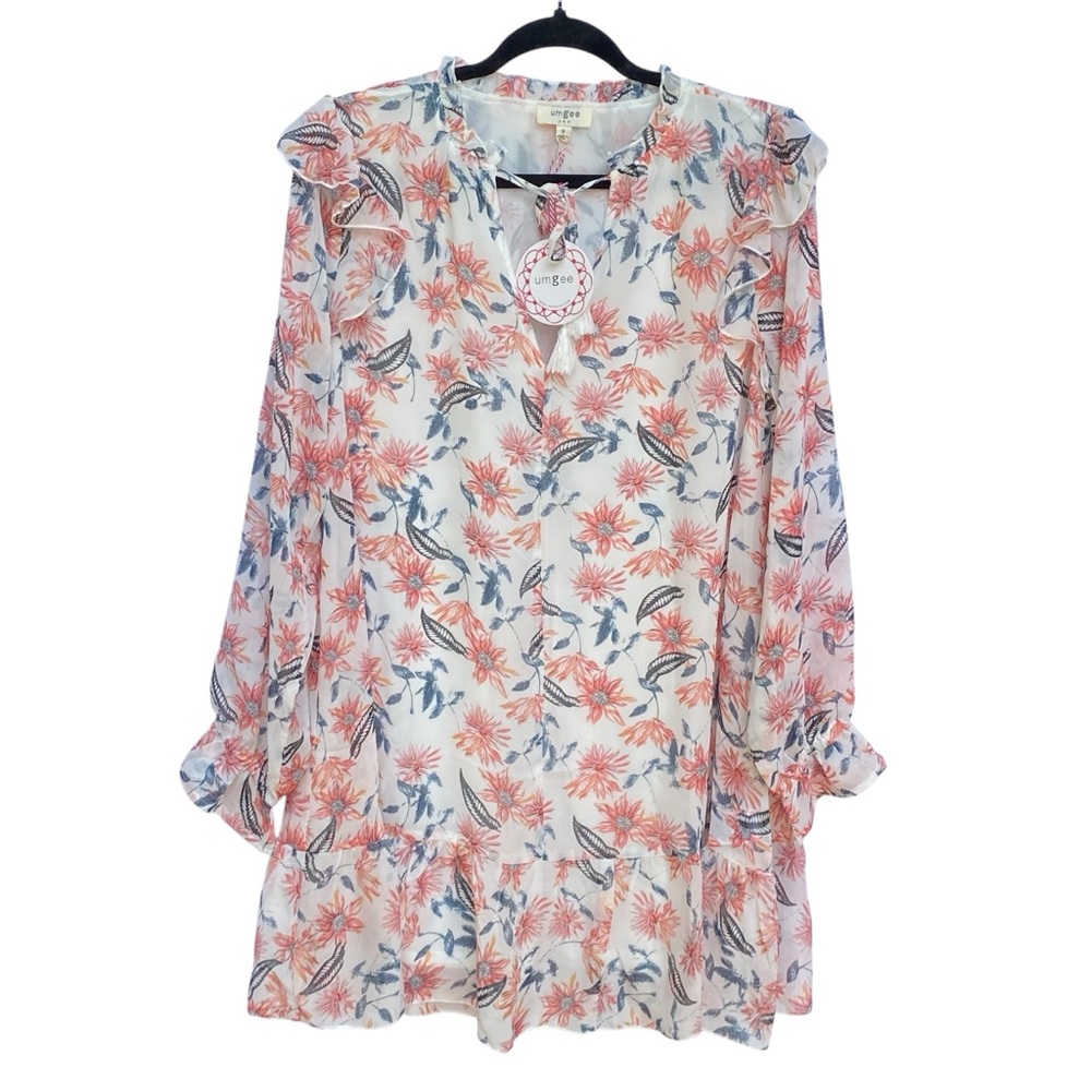 Umgee Lightweight Floral Dress Womens Size Medium NWT White Ruffle Tie Tassels